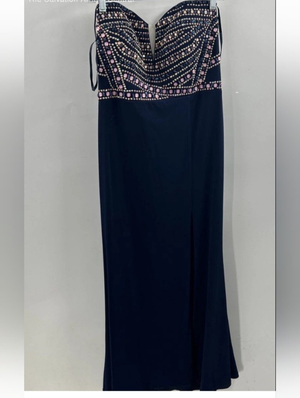 🩷Crystal Doll Beaded Sequin Navy/Pink/Gold Strapless Evening Prom Dress 13 NWT